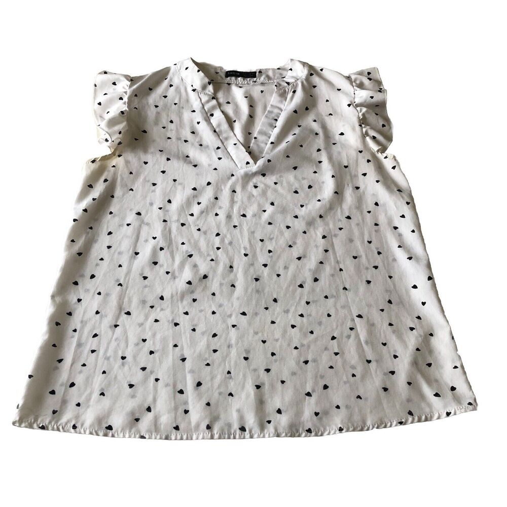 Shein Women's Heart Print Notched Neck Ruffle Sleeve Blouse White Size Medium